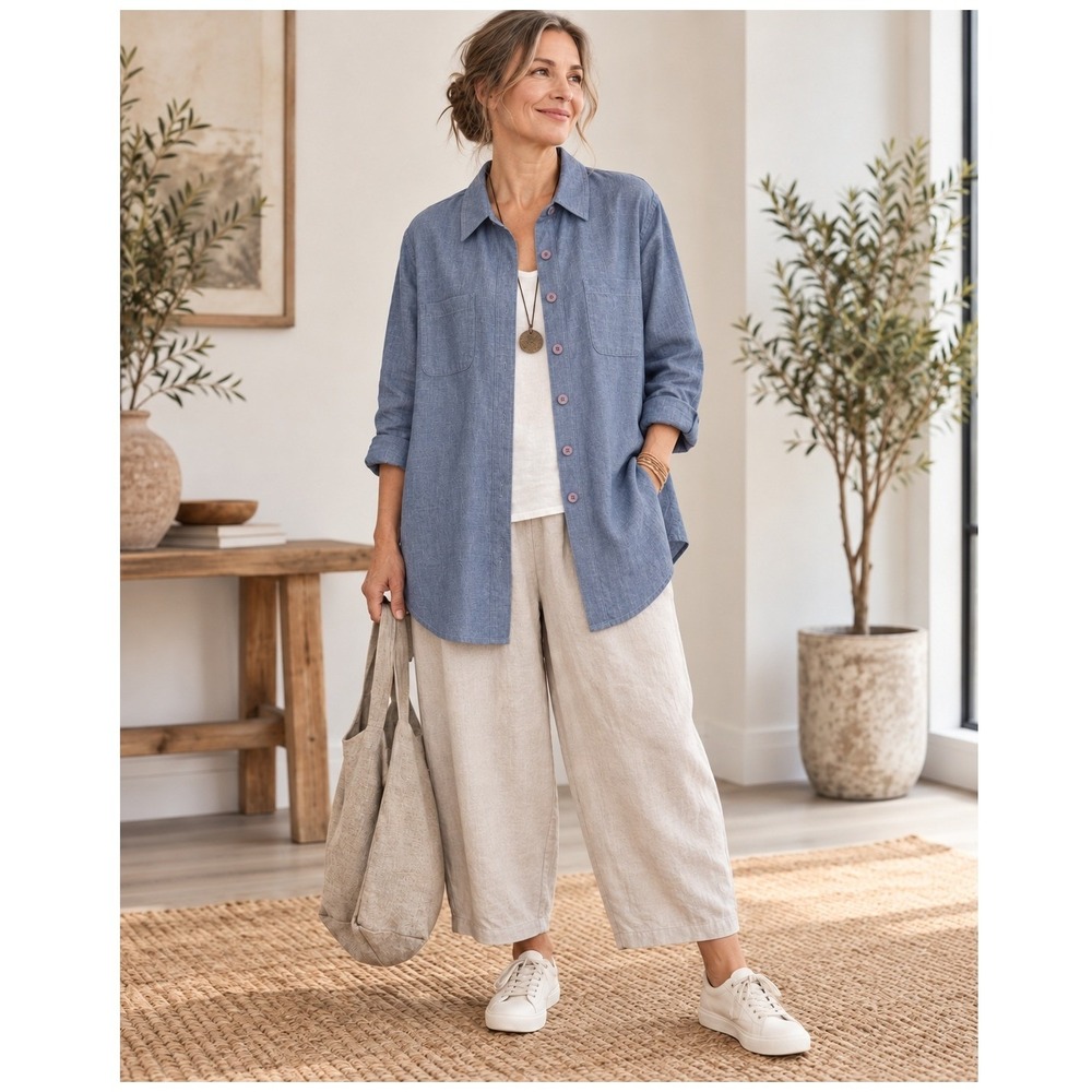 Coldwater Creek Button Down Women Large Blue 100% Linen Coastal Relaxed Top
